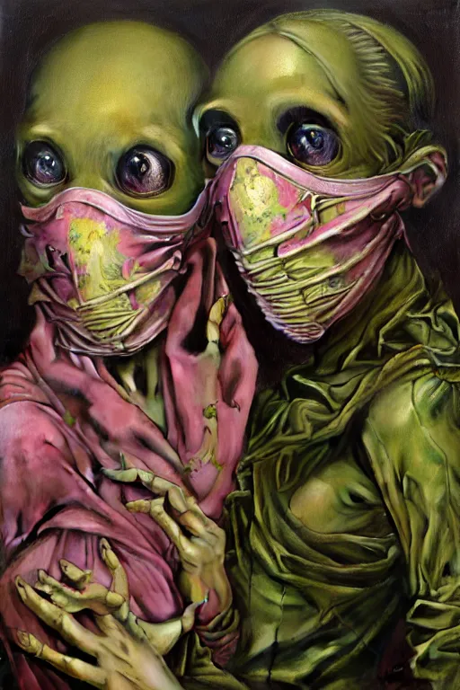 Prompt: two tiny, skinny figures draped in fleshy green and pink, wearing gas masks connected to their hearts, inside an gothic dystopian, abandoned hospital room, ayami kojima, greg hildebrandt, mark ryden, hauntingly surreal, eerie vibrating color palette of charlie immer, highly detailed painting by, jenny saville, soft light 4 k