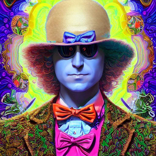 Image similar to dream a portrait of willy wonka, hyper detailed masterpiece, neon geometric floral pattern, jean giraud and amanda sage, digital art painting, darkwave goth aesthetic, psychedelic, artgerm, donato giancola, studio ghibli and tom bagshaw