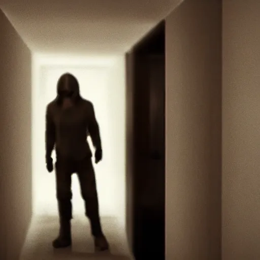 Prompt: in the house of p. t., dark hallway, bad camrea, hideo kojima's ghost form appears in front of you, hideo kojima is transparent, unreal engine 5