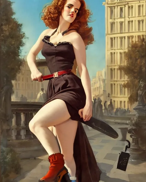Image similar to pinup photo of hermione granger by emma watson in the crowded square of the city, by greg rutkowski, gil elvgren, enoch bolles, kezie demessance, glossy skin, pearlescent, very coherent, very detailed