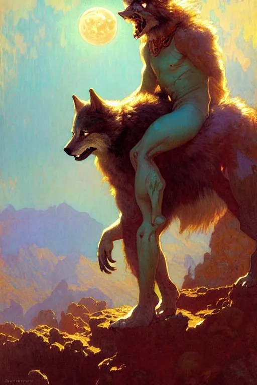 Image similar to pearlescent turquoise moon, wolf monster, painting by gaston bussiere, craig mullins, greg rutkowski, alphonse mucha, trending on artstation