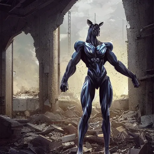 Prompt: a hyper - muscular anthropomorphized horse wearing a tactical bodysuit standing in the ruins of a facility, equine, highly detailed, digital painting, artstation, sharp focus, concept art, illustration, art by artgerm, greg rutkowski, makoto shinkai