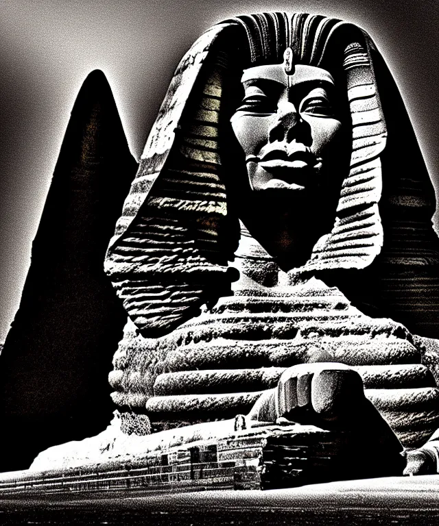 Image similar to epic professional digital art the sphinx, horrific yet beautiful vibe, evocative, atmospheric lighting, 1 9 7 0's album cover sharp focus, cinematic, masterpiece