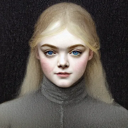 Prompt: professional painting of Elle Fanning in the style of Caspar David Friedrich, head and shoulders portrait, symmetrical facial features, smooth, sharp focus, illustration, intricate, stormy weather, extremely detailed masterpiece,