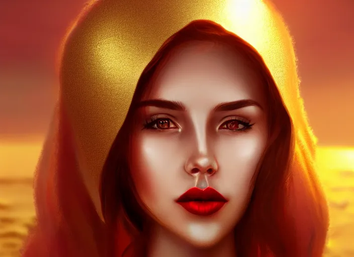 Prompt: woman love jesus christ, sweet hugs, gold trim, atmoshperic, elegant, sharp focus, sand sea, red sun, huge lips, by ilya ozornin, trending on artstation, intricate details