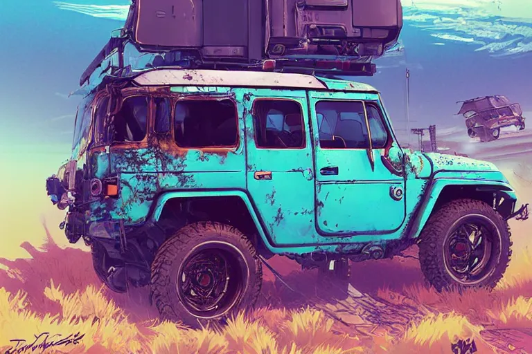 Image similar to digital illustration of a futuristic faded cyan mad max's fj 4 0 decrepit!!!! pursuit special, rusty!!! cyberpunk nissan fj cruiser heavily modded 1 9 9 0 s, the last v 8 interceptor by makoto shinkai, ilya kuvshinov, lois van baarle, rossdraws, basquiat