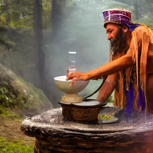 Image similar to a shaman preparing a magic decoction in a dreamy atmosphere, 4 k, 3 d, photo