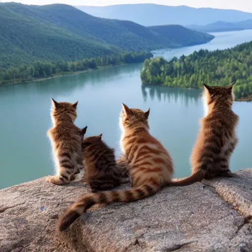 Prompt: group of kittens sitting on a chair at the top of a mountain looking out over a river in a valley