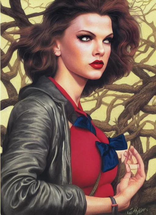 Image similar to twin peaks poster art, portrait of talyor swift cheerleader, from scene from twin peaks, by michael whelan, rossetti bouguereau, artgerm, retro, nostalgic, old fashioned, 1 9 8 0 s teen horror novel cover