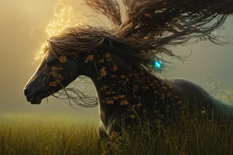Image similar to a stunning horse with a mane of bioluminescent vines and flowers running through a meadow by greg rutkowski, high key lighting, volumetric light, digital art, highly detailed, fine detail, intricate, ornate, complex, octane render, unreal engine, photorealistic