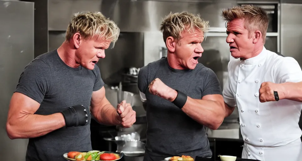 Image similar to photo of angry furious Gordon Ramsay punching Gordon Ramsay at the kitchen