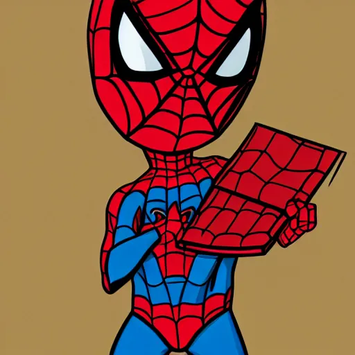 Image similar to digital illustration of cute chibi unmasked spiderman eating pizza, trending in artstation, highly detailed, award-winning, official marvel comics, cute, happy