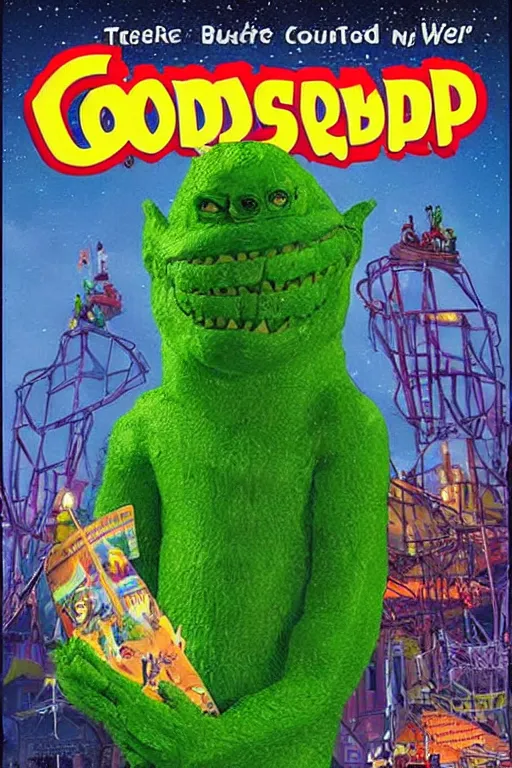 Prompt: Goosebumps book cover art of a giant creepy cartoonish monster at a theme park