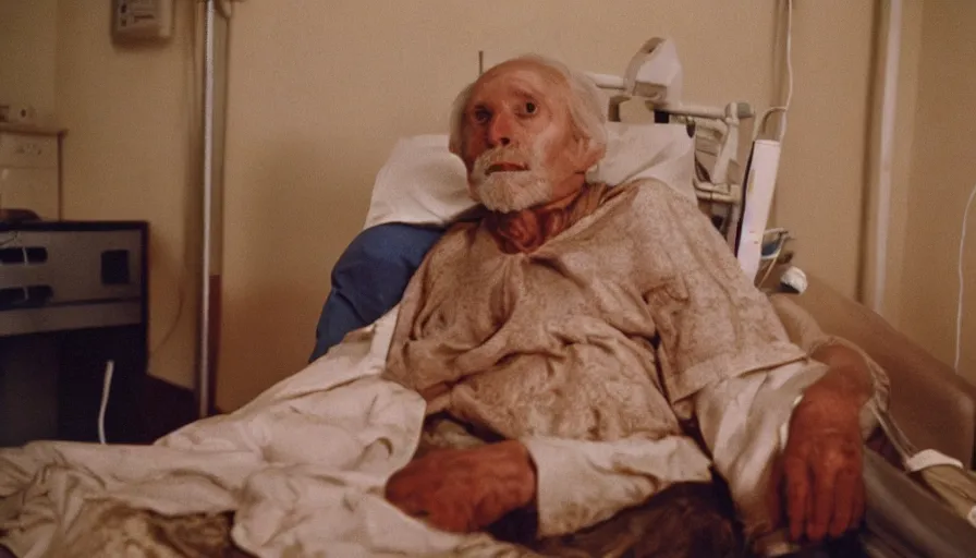 Image similar to 7 0 s movie still of a old golden man in the hospital, cinestill 8 0 0 t 3 5 mm eastmancolor, heavy grain, high quality, high detail