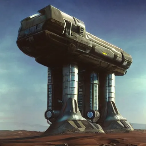 Prompt: SciFi industrial futuristic Brutalism brutalistic huge carrying vehicle desert