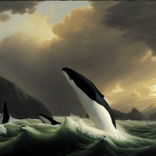 Image similar to orcas at sea, stormy, asher brown durand, highly detailed, artstation