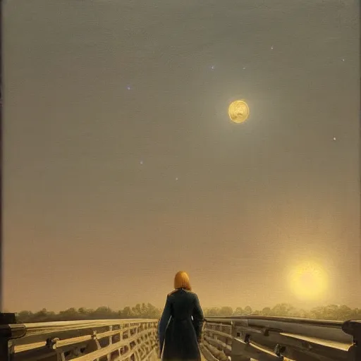 Image similar to A beautiful painting of person walking on the bridge , moon shining in the sky, trending on artstation, oil on canvas by Casper David Friedrich