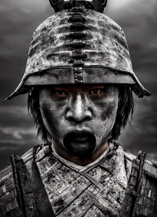 Image similar to samurai portrait photo, wearing all black mempo mask, after a battle, war scene, dirt and unclean, extreme detail, cinematic, dramatic lighting render, extreme photorealism photo by national geographic, hendrick kerstens, masterpiece