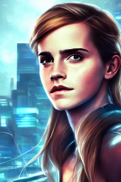 Image similar to Emma Watson, head and shoulders portrait, the background is a huge futuristic city, cyberpunk style futuristic neon lights, artstation cgsociety masterpiece highly-detailed