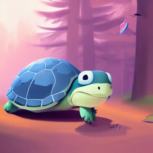 Image similar to Goro Fujita ilustration a cute cartoon turtle happily walking through the forest, painting by Goro Fujita, sharp focus, highly detailed, ArtStation