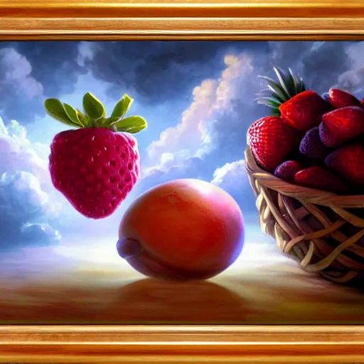 Prompt: fruit basket, fruit, in heaven, heaven, heavenly clouds, noah bradley