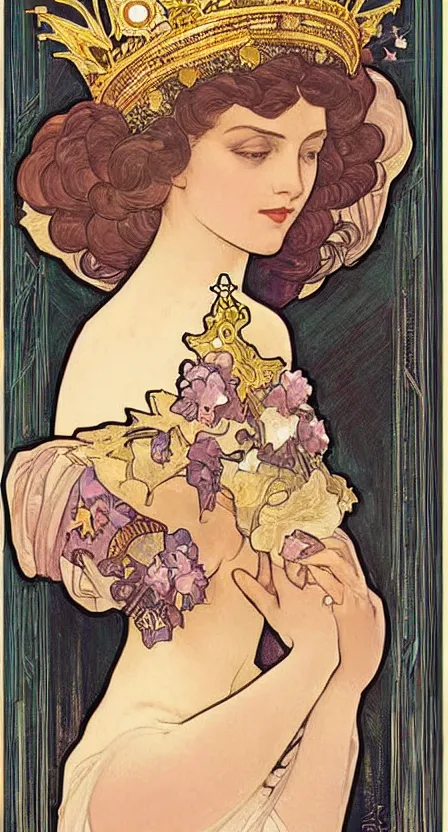 Image similar to an art deco scepter and a crown of stars, digital painting by tamara de lempika and an elegant border by alphonse mucha.