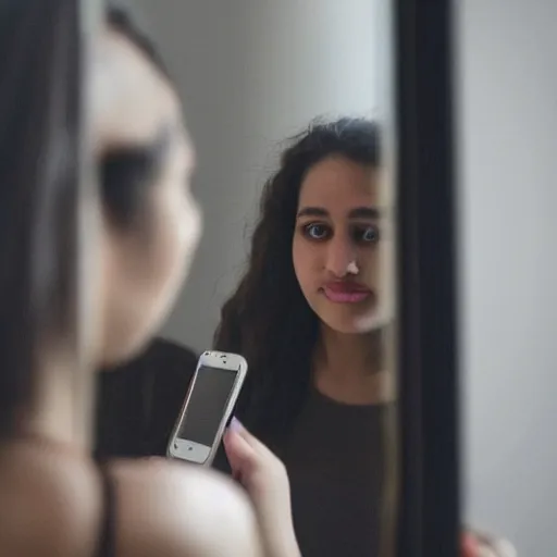 Prompt: a woman is taking a selfie in a mirror, a picture by bouchta el hayani, pexels contest winner, tachisme, hd, shiny eyes, dark