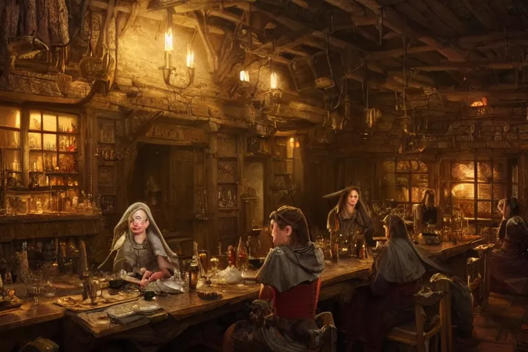 Image similar to Beautiful hyperrealistic detailed matte portrait painting of an elf in a tavern that looks like it's from lord of the rings and bazaar by greg rutkowski, andreas rocha and john howe, and Martin Johnson Heade,featured on artstation, ultrawide angle,f16 , golden ratio, f32, well composed, cohesive