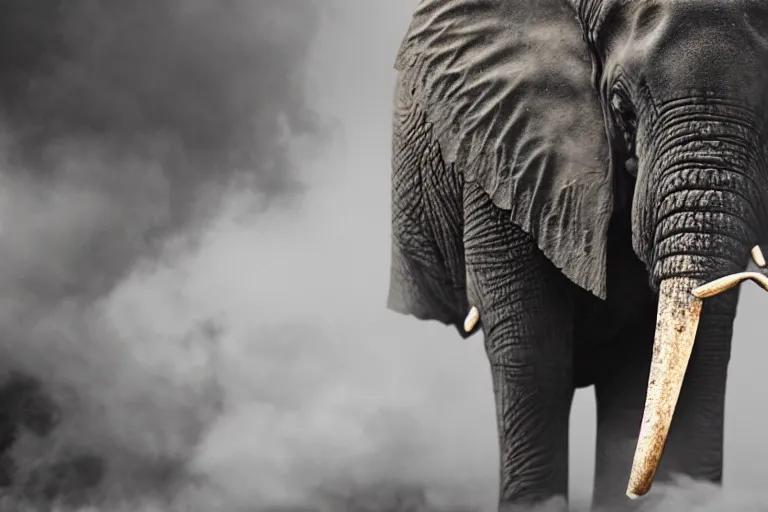 Image similar to ultra realistic nature photography, panoramic picture of ( subject : an elephant smoking a cigar ). smokey atmosphere, small thick clouds of cigar smoke, artstation, focus on the elephant's cigar, extremely hyperrealistic crisply sharp cigar, hyperrealistic smoke, sigma, 4 k