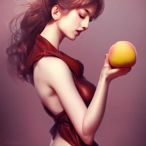 Image similar to Beautiful clothed woman holding a peach, seen from the rear, detailed digital art by WLOP and Artgerm