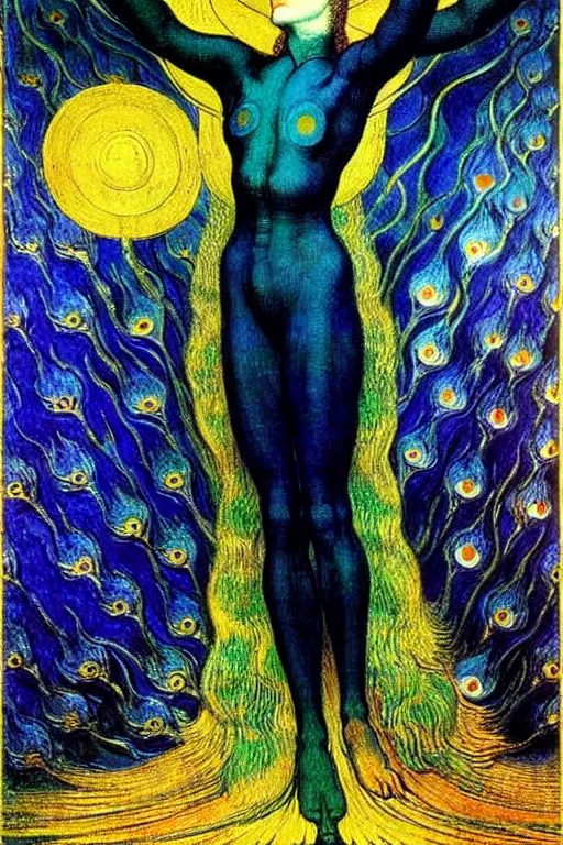 Prompt: the vision of the universal peacock by jean delville, william blake, and vincent van gogh, symbolist, visionary