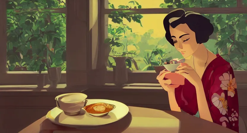 Prompt: isometric view, girl having chai, happy, flowers, absurdly beautiful, elegant, realistic ultrafine hyperrealistic detailed face illustration by amrita sher - gil and studio ghibli, intricate linework, sharp focus, bright colors, matte, unreal engine highly rendered, global illumination, radiant light, intricate environment