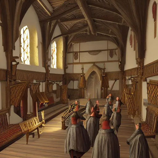 Prompt: medieval hall with king, royalty, courtisans, monks, artstation, fantasy, high details, digital art