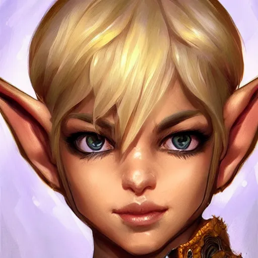 Image similar to close up headshot of a fantasy elf with short blonde hair, small ears and a flat jawline, character art, concept art, painting by Artgerm