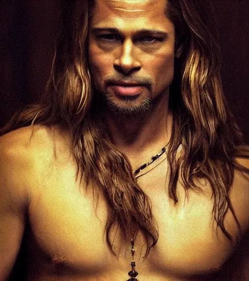 Prompt: majestic humble long brown haired slick brad pitt as vampire louis du point du lac portrait, luxurious indoor setting, atmospheric lighting, painted, voluptuous, menacing, intricate, volumetric lighting, rich deep colours masterpiece, sharp focus, ultra detailed, by leesha hannigan, ross tran, thierry doizon, kai carpenter, ignacio fernandez rios