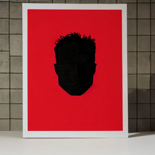 Image similar to elon musk's face logo as a silkscreen print art / serigraphy designs cut out of paper or another thin, strong material and then printed by rubbing, rolling, or spraying paint or ink through the cut out areas