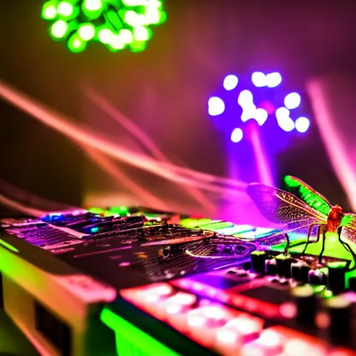 Prompt: A hd photo of a Dj playing his mixer in a rave with a lot of dragonflies around him. neon dragonfly, lights