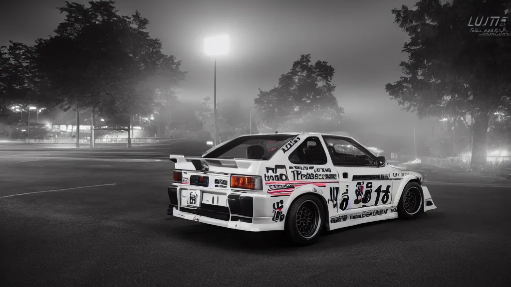 Image similar to takumi fujiwara's toyota ae 8 6 with pop - up headlights, cinematic, nikon d 7 5 0, long exposure, white balance, 8 k, led, lumen global illumination, fog, ray tracing reflections, fxaa, rtx, post - production