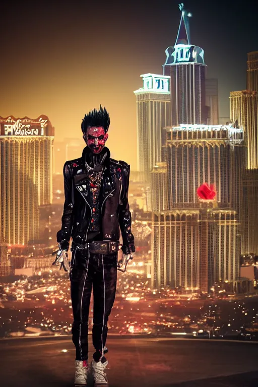 Prompt: full body portrait of a blood punk vampire, background of las vegas strip at night, occult sigils, cinematic, hyper realism, high detail, octane render, 8k, cgsociety