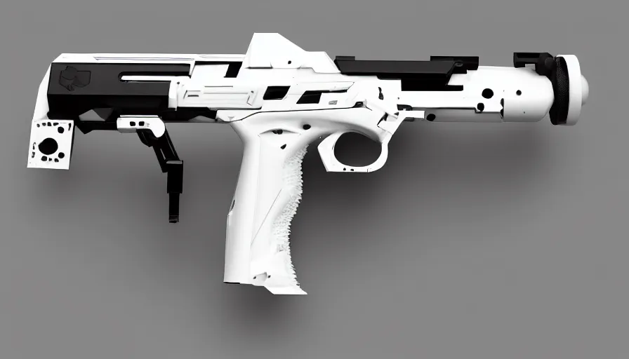 Image similar to extremely detailed ultra realistic side view photo sci fi hyper minimalist magnum pistol coilgun, detailed trigger, chemically propelled, battery, smooth streamline, battery and wires, railgun, chemrail, gauss, elegant sleek smooth body, white paint, smooth utopian design, ultra high quality, octane, cod, destiny, warframe, terminator