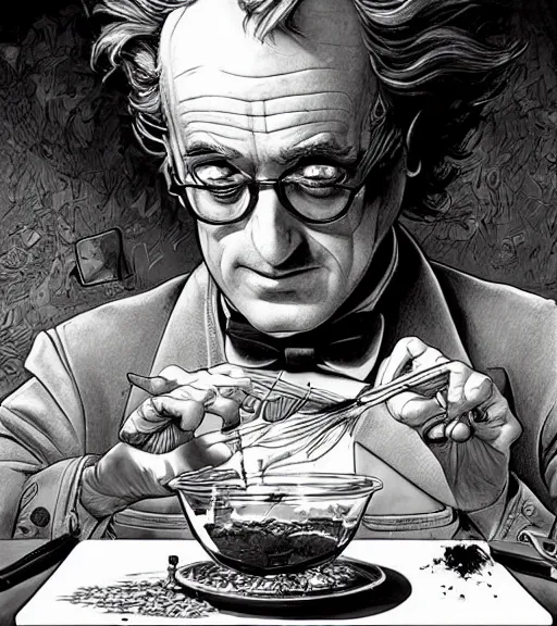 Image similar to beautiful willie wonka cooking meth black and white drawing, in the style of greg rutkowski, fantasy, amazing detail, epic, intricate, elegant, smooth, sharp focus