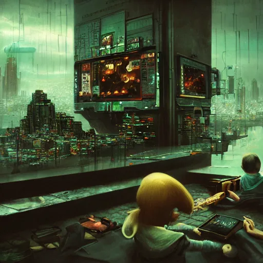 Image similar to children systematic thinking and critical thinking image, surreal, hyper realism, cyberpunk, dark color, futurestic, dystopian, immense details, deep, octane rendering