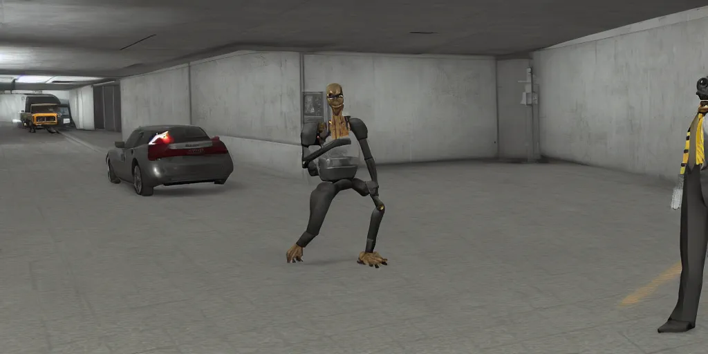 Image similar to gmod next bot obunga handcam footage in a parking garage, gmod, nextbot, garrys mod, scary, dark
