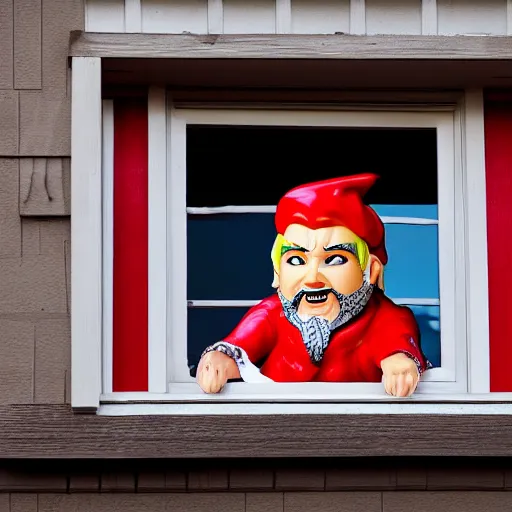 Prompt: guy fieri lawn gnome looking in through the window, realistic 4k photo, dramatic, ominous