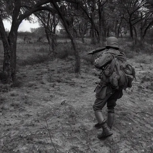 Prompt: tommy shlug on a ww 2 battlefield, black and white, grainy