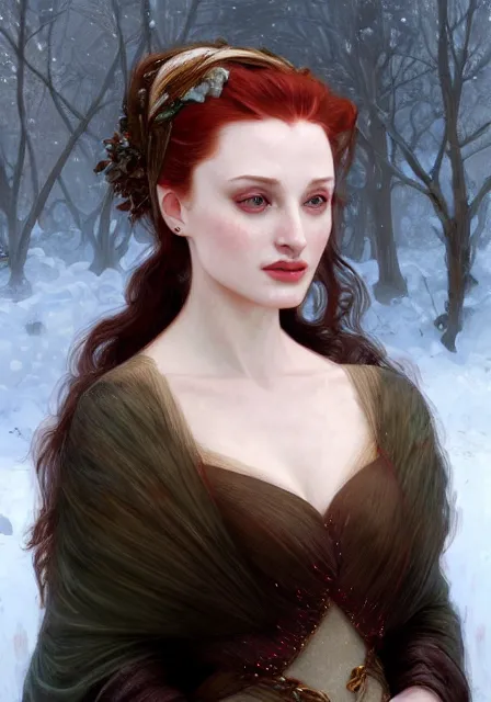 Image similar to sansa angeline jolie gessica chastain cold frozen snow ice winter, intricate, elegant, highly detailed, digital painting, artstation, concept art, smooth, sharp focus, illustration, art by artgerm and greg rutkowski and alphonse mucha and william - adolphe bouguereau