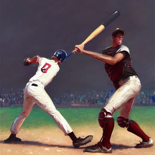 Image similar to baseball player hitting the ball with the baseball bat in the middle of the game and in front of everyone in the stadium, james gurney painting style, greg rutkowski, artstation