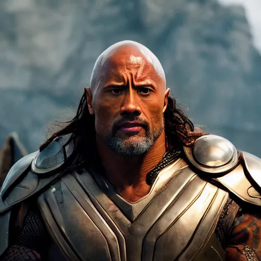 Prompt: film still of Dwayne Johnson playing Heimdall in Thor, 4k