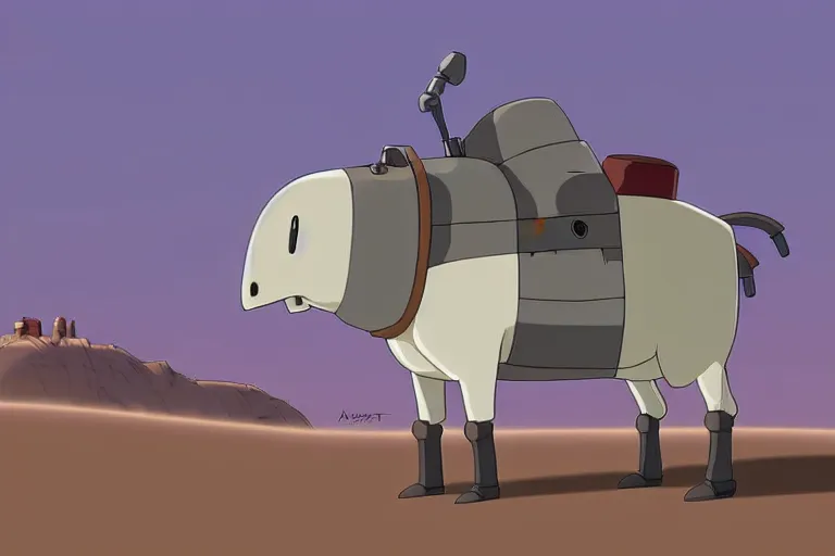 Image similar to a study of a cell shaded cartoon of a grey robot ram from howl's moving castle ( 2 0 0 4 ), on a desert road, full body, wide shot, very muted colors, post grunge, studio ghibli, highly detailed, deviantart, art by artgem