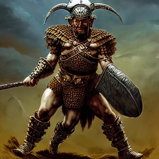 Image similar to Portrait of Conan the conqueror , in a horned helmet, scant chainmail armor, wielding an axe, muscular male, fantasy, extremely detailed, mixed media comic book style illustration, artstation, fantasy art, sharp focus, perfectly symmetrical facial features, intimate lighting, art by Frank Frazetta, Simon Bisley and Bill Sienkiewicz , hyperrealism, dark fantasy, foreboding atmosphere, perfect ratio, hyperdetailed, highest resolution, heavily detailed and complex